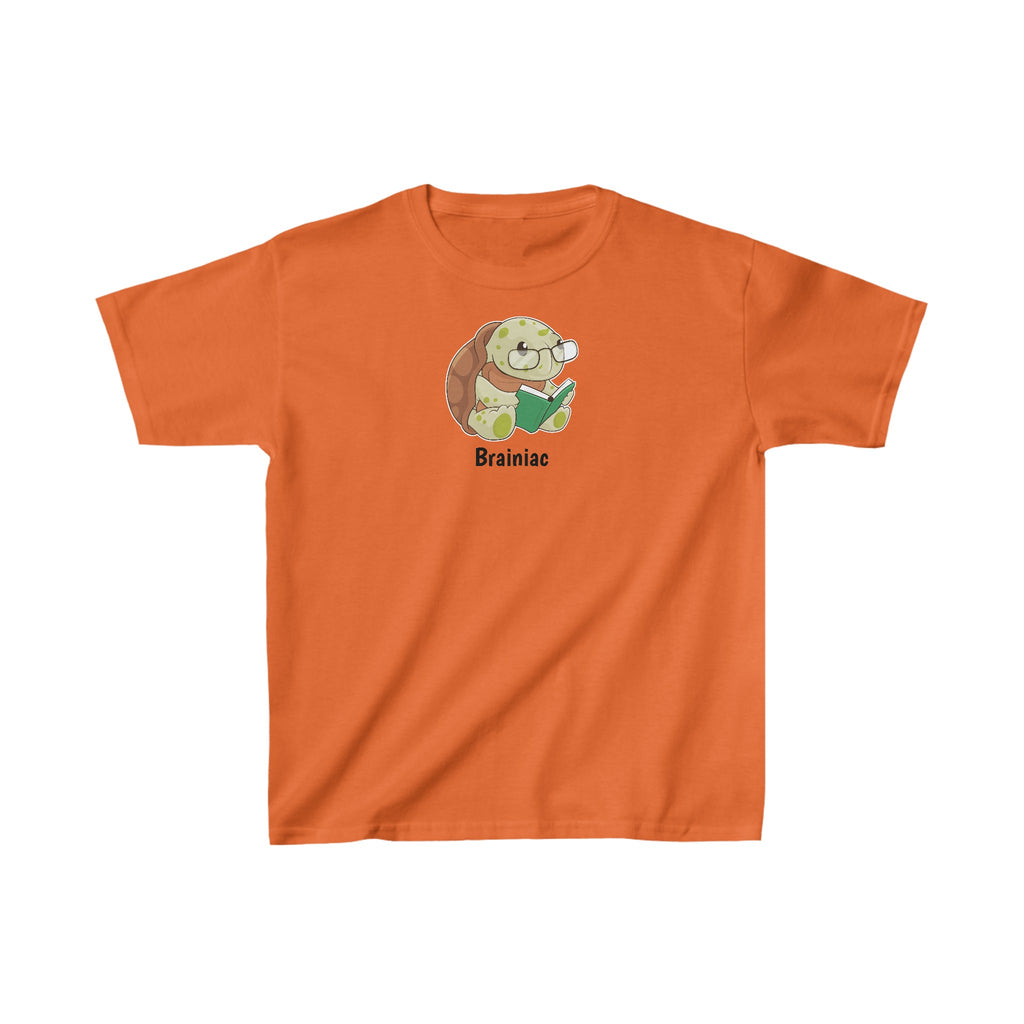 A short-sleeve orange shirt with a picture of a turtle that says Brainiac.