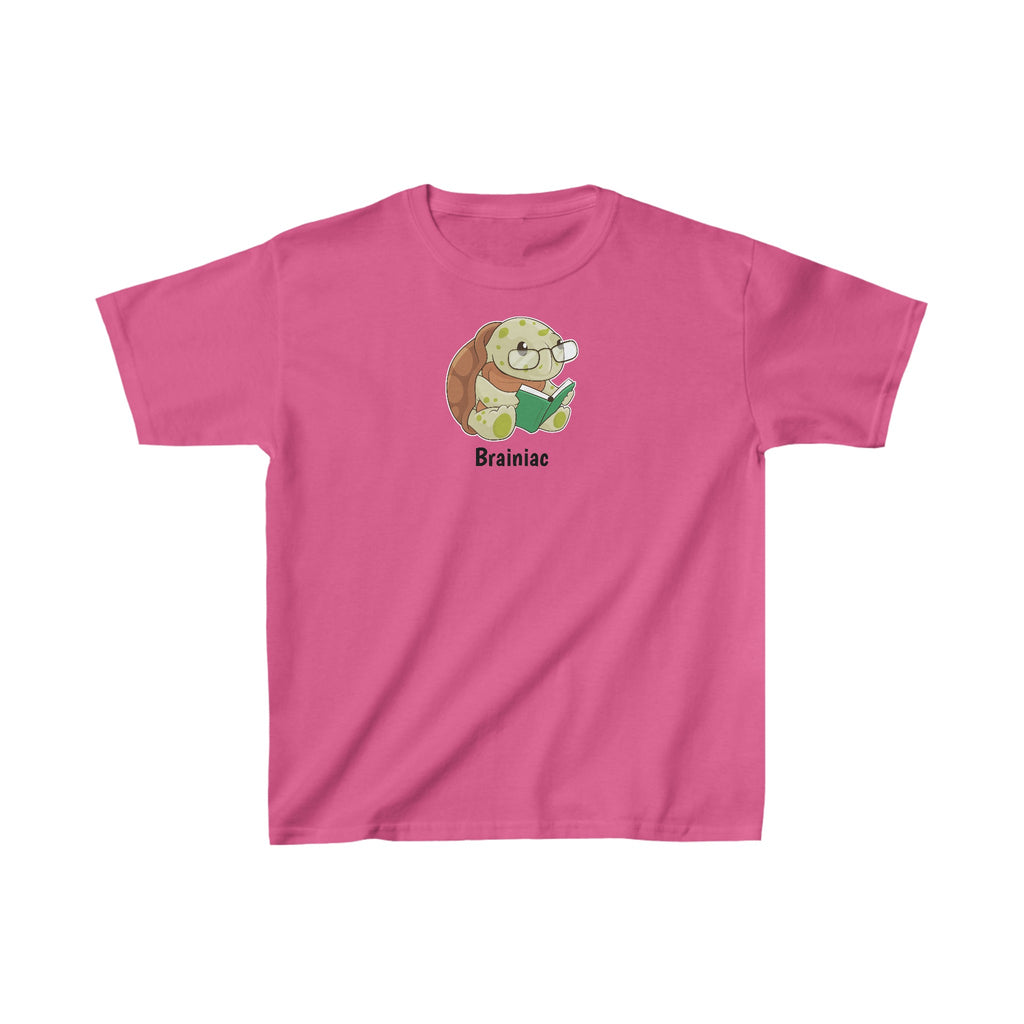 A short-sleeve pink shirt with a picture of a turtle that says Brainiac.