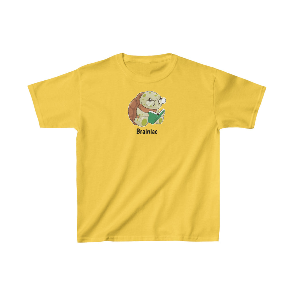 A short-sleeve yellow shirt with a picture of a turtle that says Brainiac.