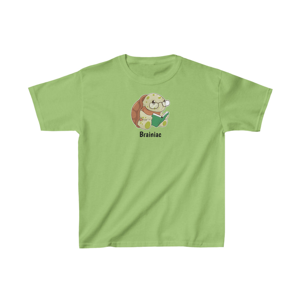 A short-sleeve lime green shirt with a picture of a turtle that says Brainiac.
