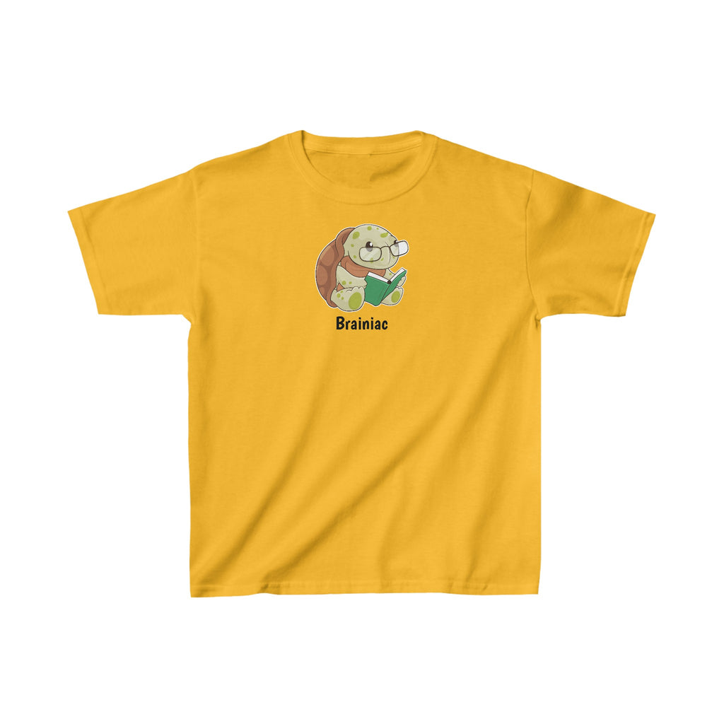 A short-sleeve golden yellow shirt with a picture of a turtle that says Brainiac.
