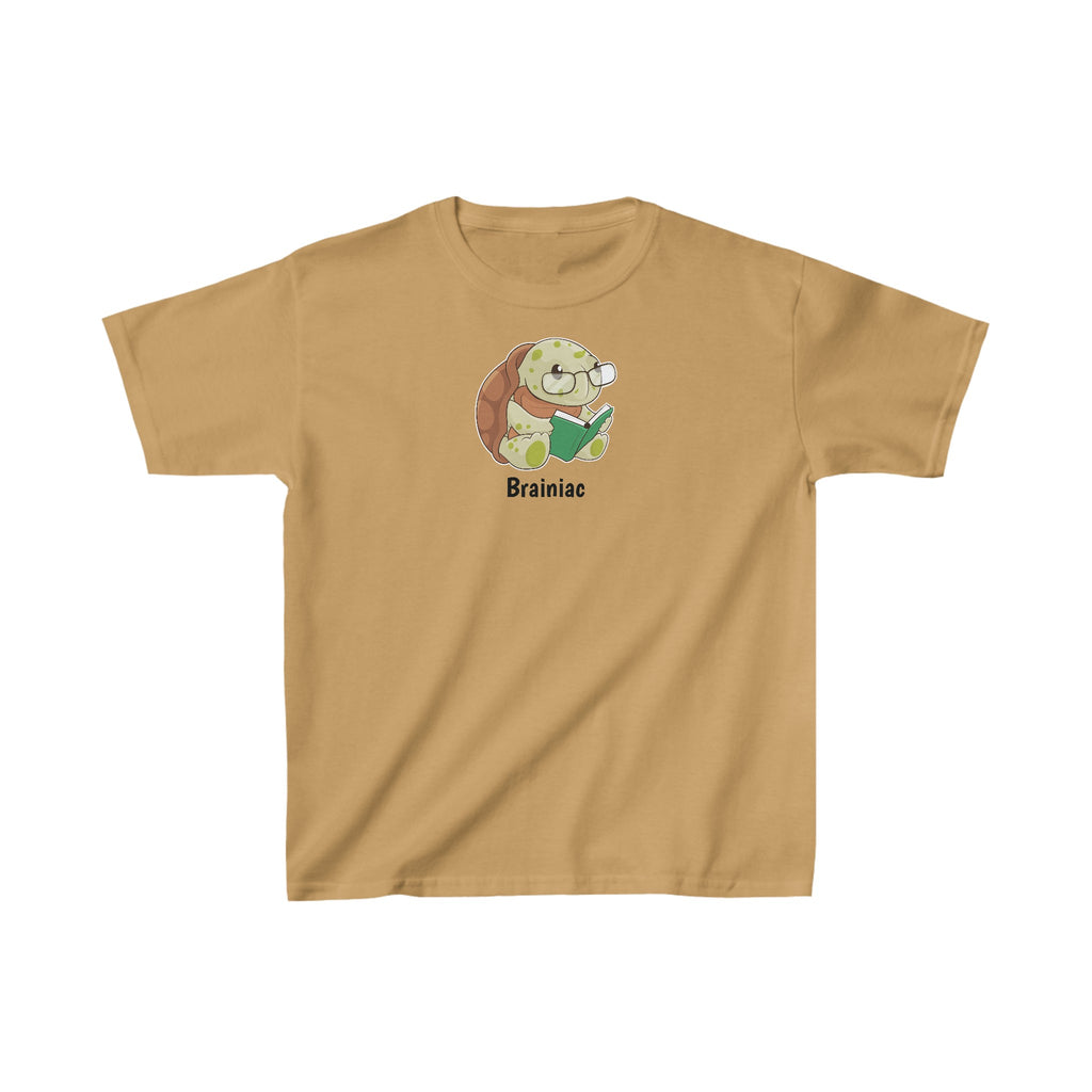 A short-sleeve old gold shirt with a picture of a turtle that says Brainiac.
