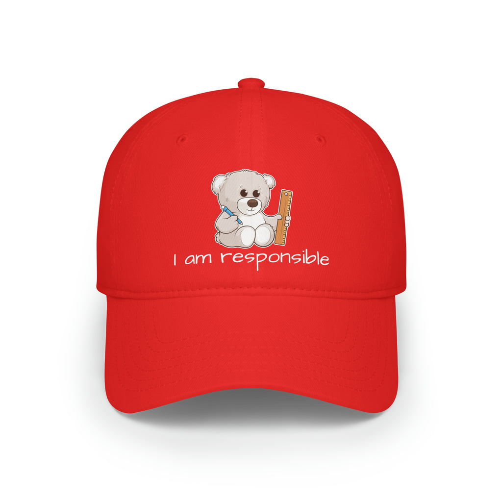 Front-view of a red baseball hat with a picture of a bear that says I am responsible.