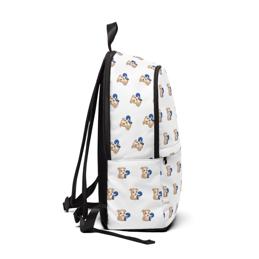 Side-view of a backpack with a repeating pattern of a dog and the phrase "I am loyal" in the bottom left corner of the front.