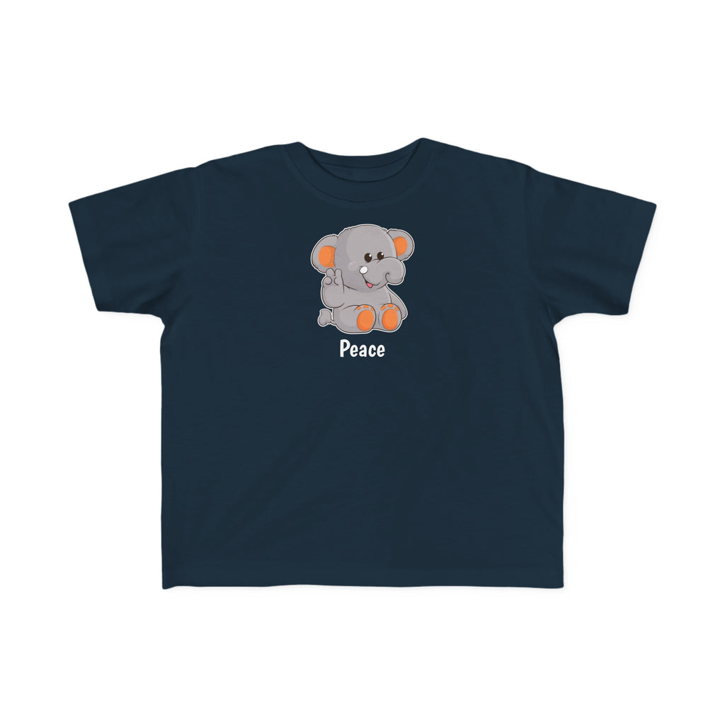 A short-sleeve navy blue shirt with a picture of an elephant that says Peace.