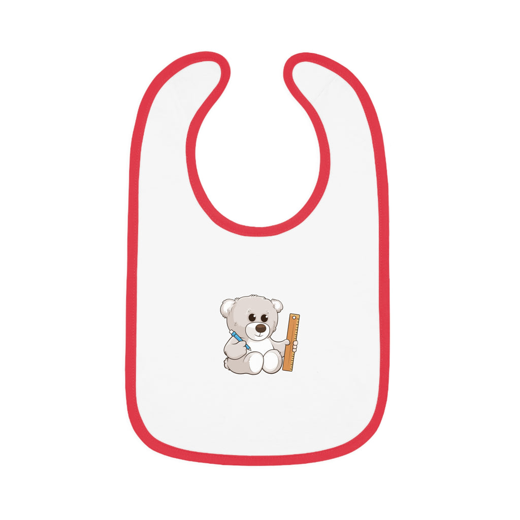 A white baby bib with red trim and a small picture of a bear.