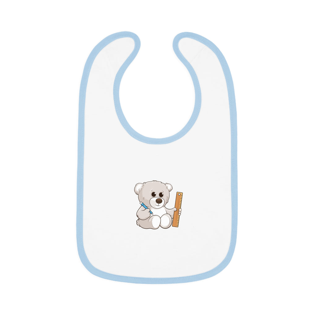 A white baby bib with light blue trim and a small picture of a bear.