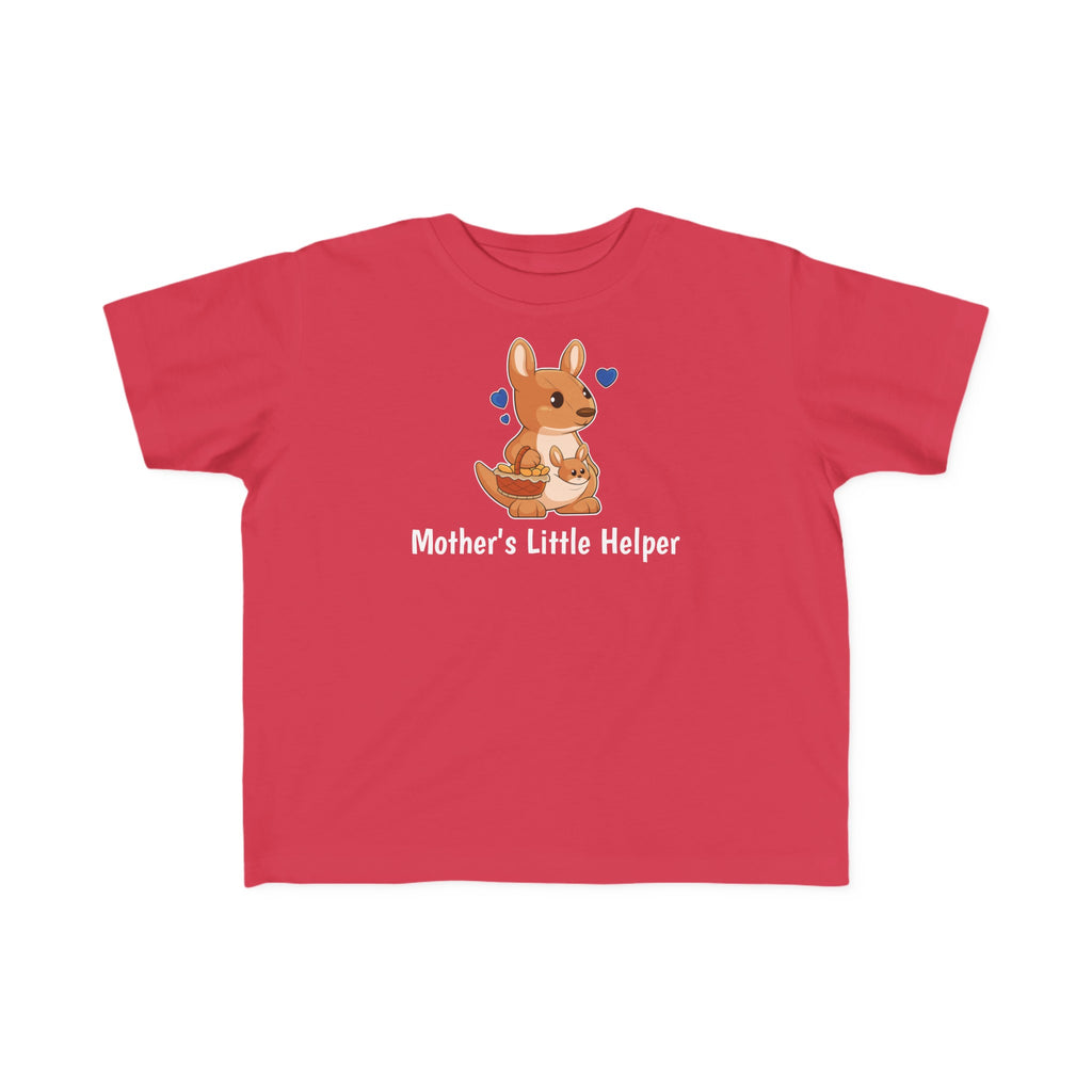A short-sleeve red shirt with a picture of a kangaroo that says Mother's Little Helper.