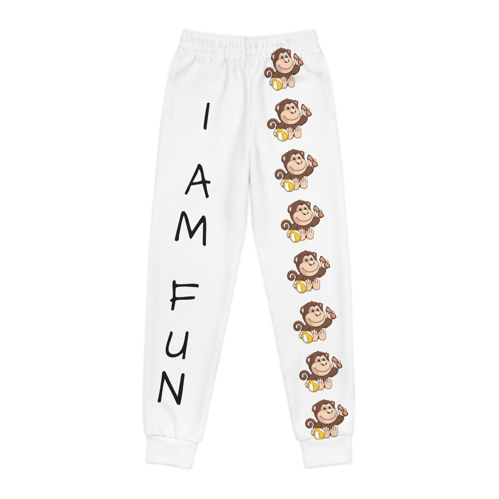 White sweatpants with a line of monkeys down the front left leg and the phrase "I am fun" down the front right leg.