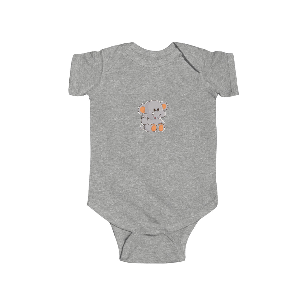 A heather grey baby onesie with a picture of an elephant.
