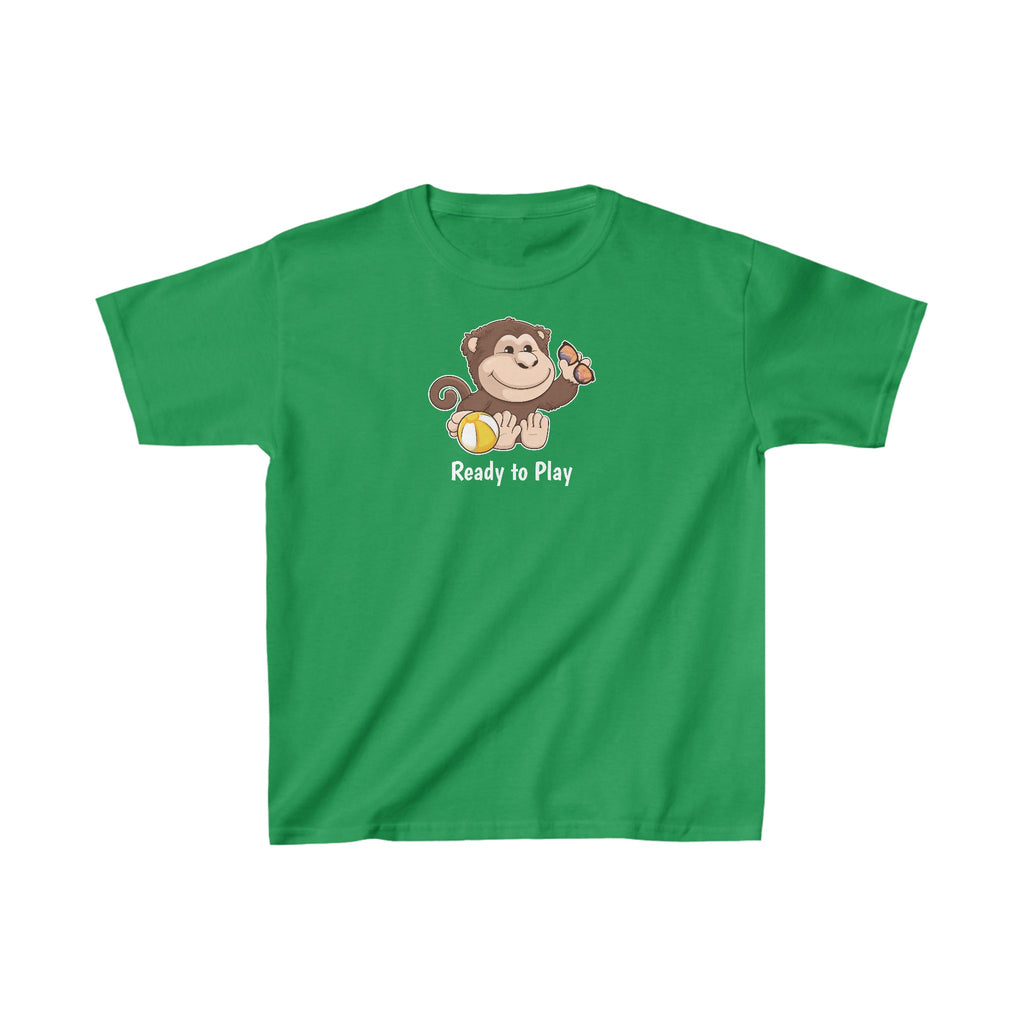A short-sleeve green shirt with a picture of a monkey that says Ready to Play.