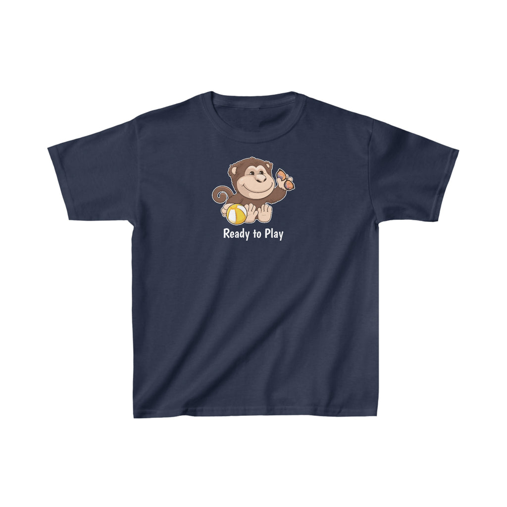 A short-sleeve navy blue shirt with a picture of a monkey that says Ready to Play.