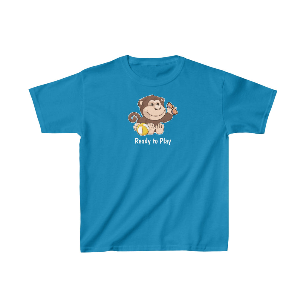 A short-sleeve sapphire blue shirt with a picture of a monkey that says Ready to Play.