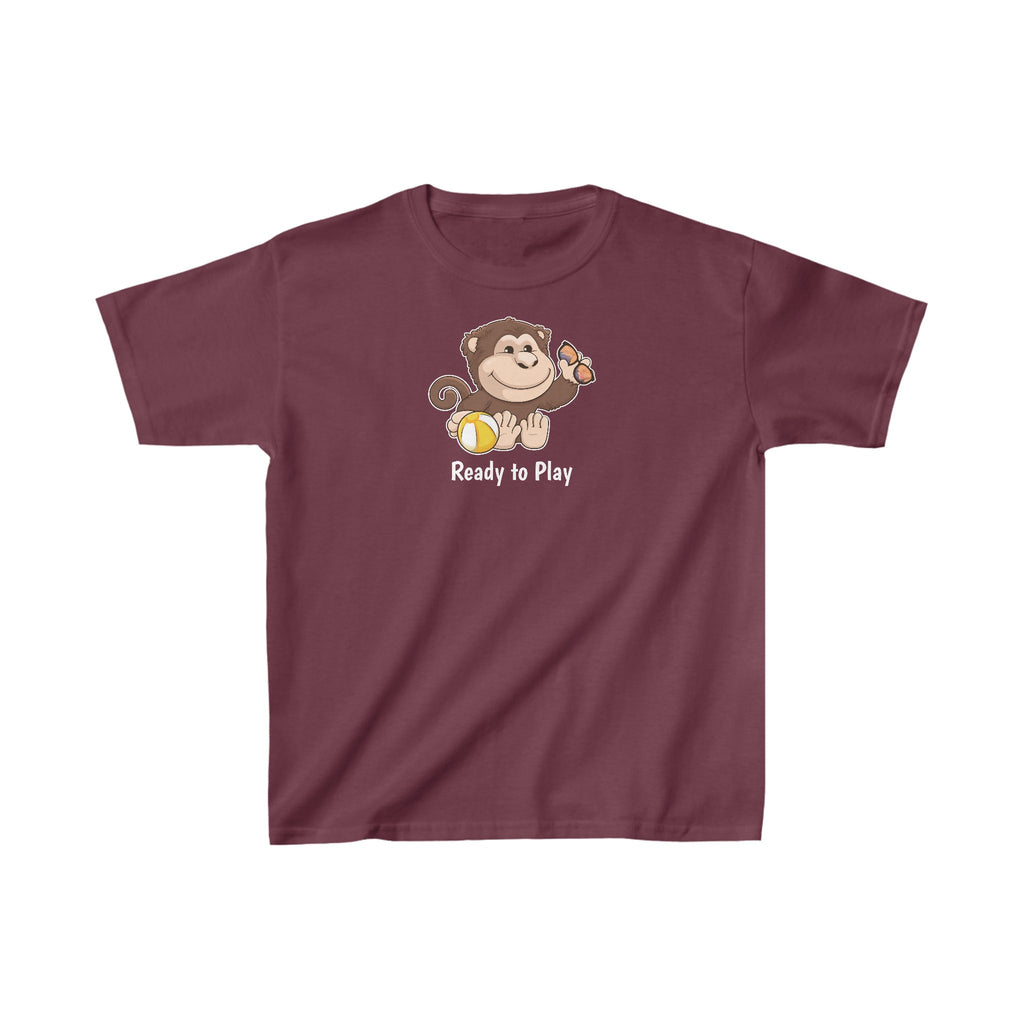 A short-sleeve maroon shirt with a picture of a monkey that says Ready to Play.