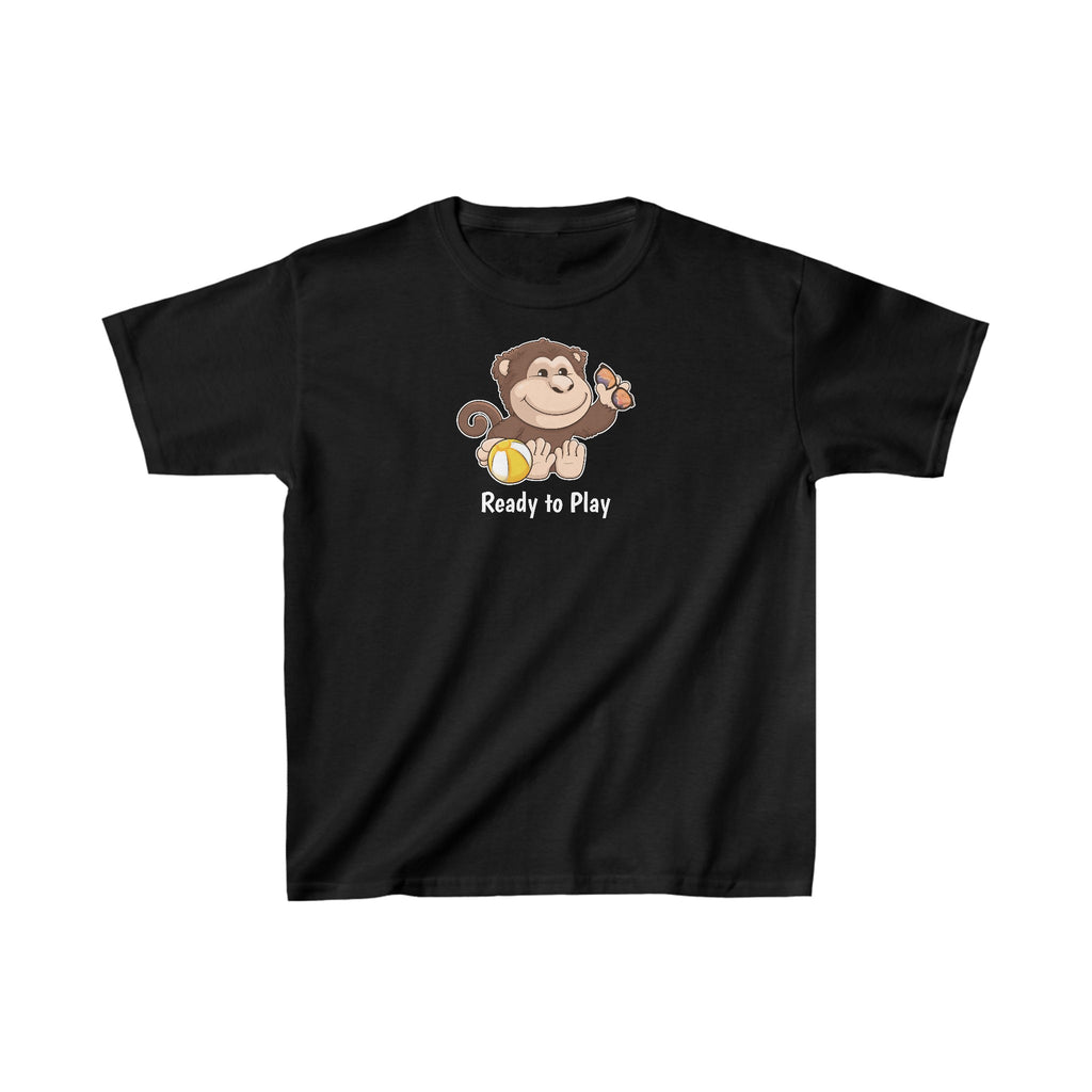 A short-sleeve black shirt with a picture of a monkey that says Ready to Play.