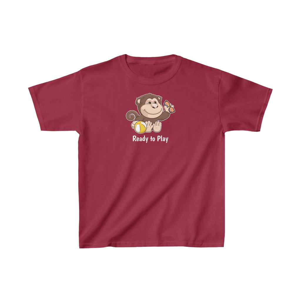 A short-sleeve cardinal red shirt with a picture of a monkey that says Ready to Play.