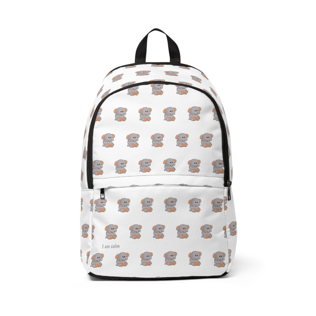 Front-view of a backpack with a repeating pattern of an elephant and the phrase "I am calm" in the bottom left corner of the front.