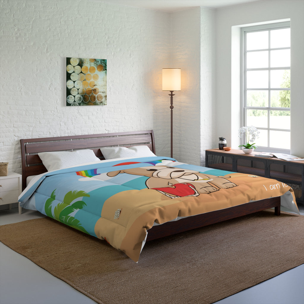 A 104 by 88 inch bed comforter with a scene of a dog lifeguard standing on a beach, a rainbow in the background, and the phrase "I am loyal" along the bottom. The comforter covers a queen-sized bed.