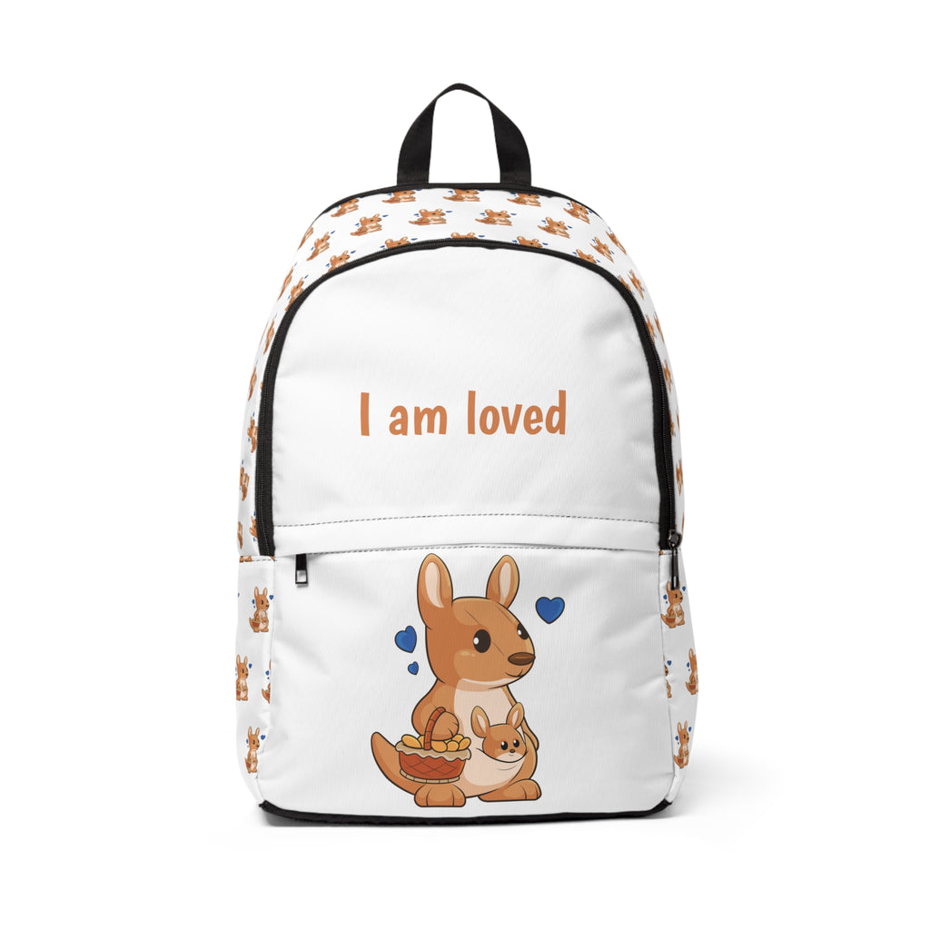 Front-view of a white backpack with a repeating pattern of a kangaroo on the sides. The bottom half of the front features a large kangaroo and the top half says "I am loved".