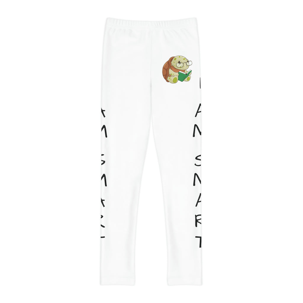White leggings with a picture of a turtle on the front left waist and the phrase "I am smart" read top to bottom on the side of each leg.