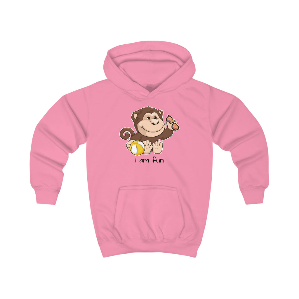 A pink hoodie with a picture of a monkey that says I am fun.