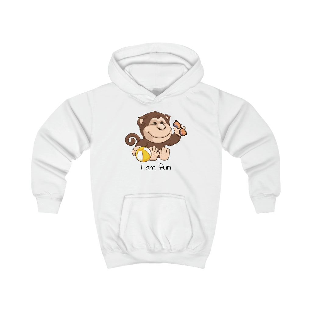 A white hoodie with a picture of a monkey that says I am fun.