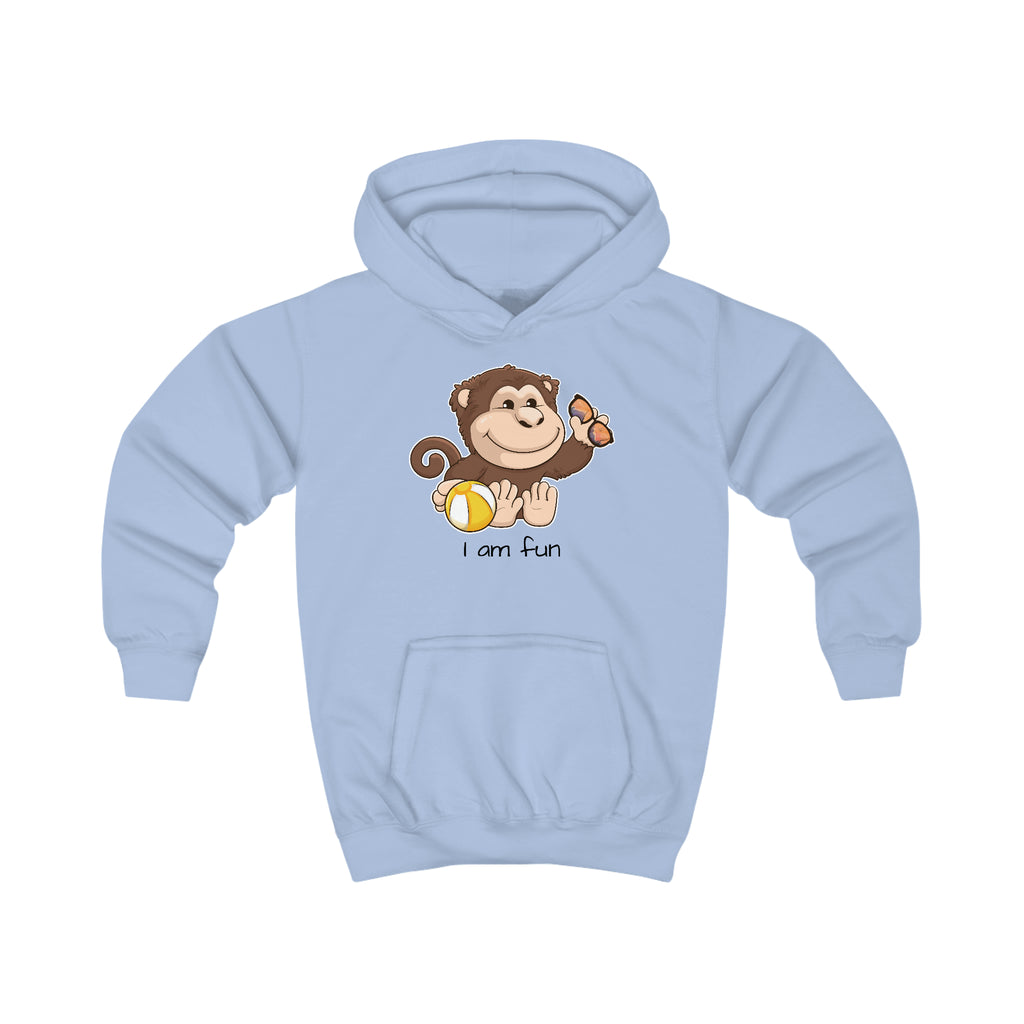 A light blue hoodie with a picture of a monkey that says I am fun.