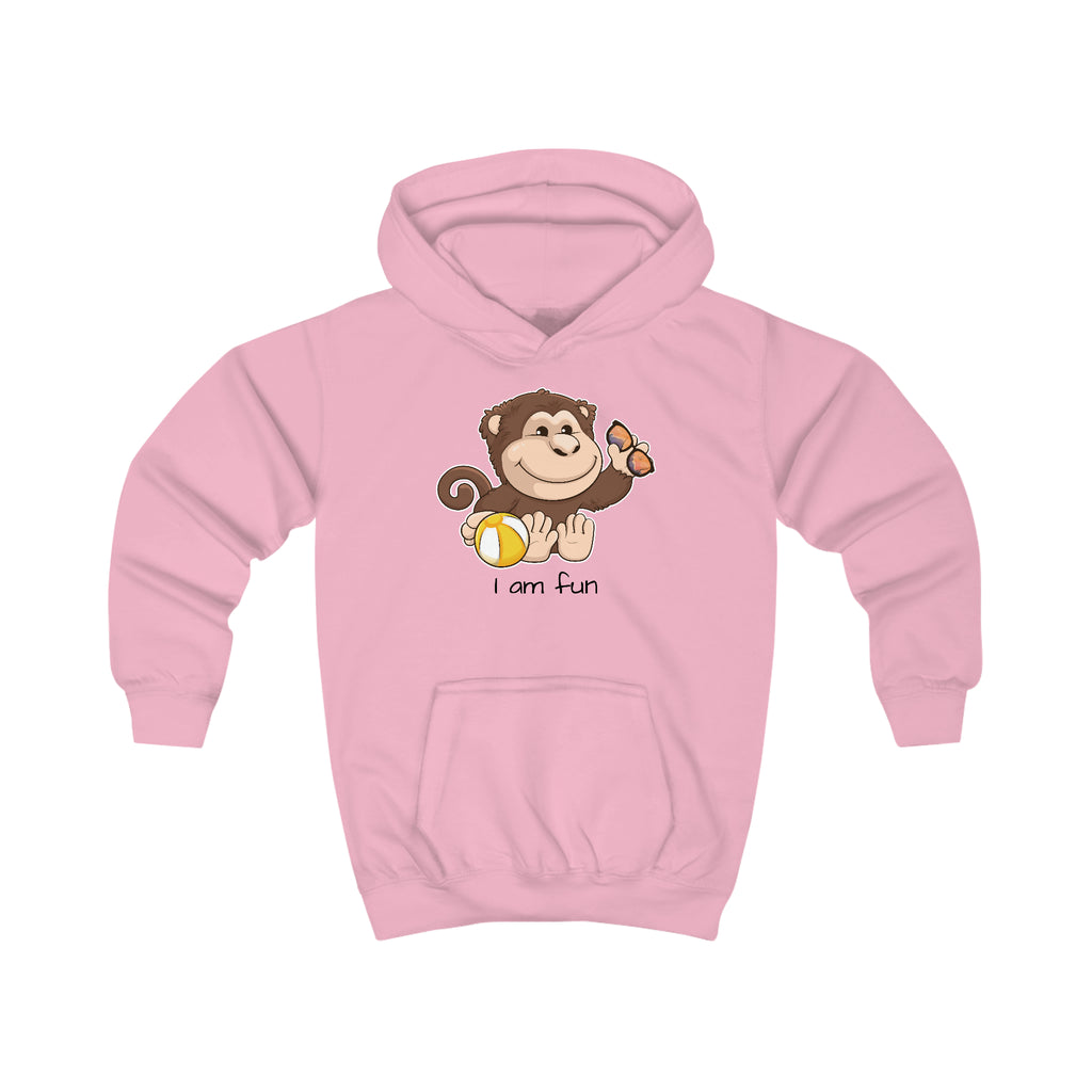 A light pink hoodie with a picture of a monkey that says I am fun.