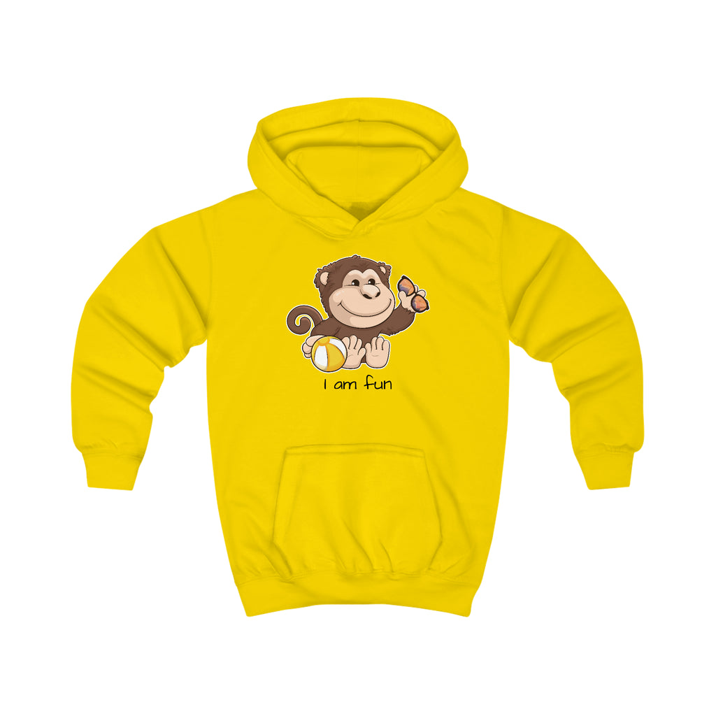A yellow hoodie with a picture of a monkey that says I am fun.