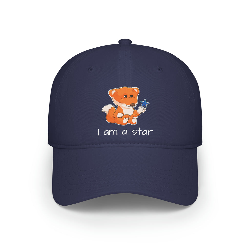 Front-view of a navy blue baseball hat with a picture of a fox that says I am a star.