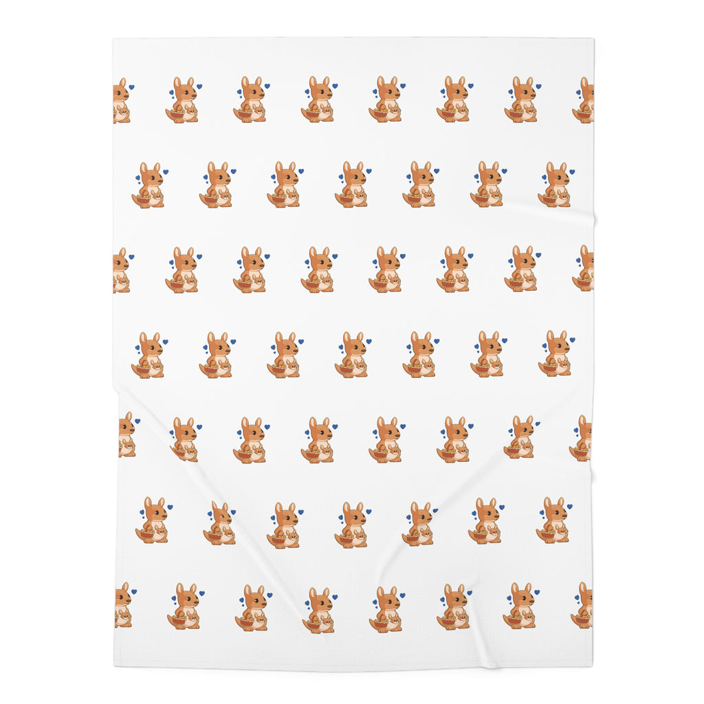 A white swaddle blanket with a repeating pattern of a kangaroo.