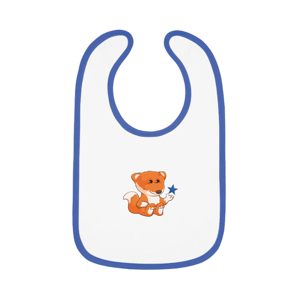 A white baby bib with royal blue trim and a small picture of a fox.