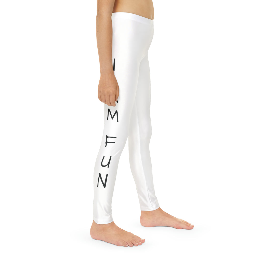 Right side-view of a child wearing white leggings with a picture of a monkey on the front left waist and the phrase "I am fun" read top to bottom on the side of each leg.