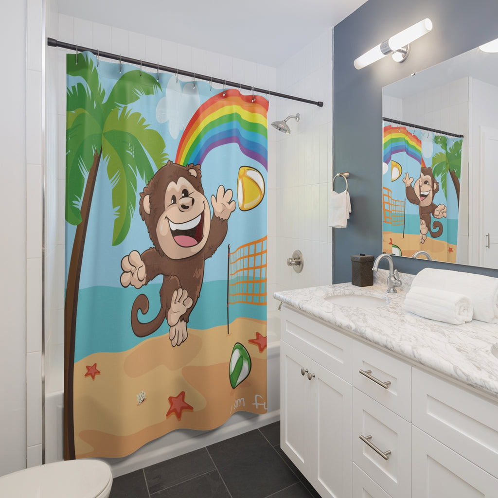 A shower curtain hanging from a rod in front of a built-in tub in a bathroom. The shower curtain has a scene of a monkey playing volleyball on a beach with a rainbow in the background and the phrase "I am fun" along the bottom.