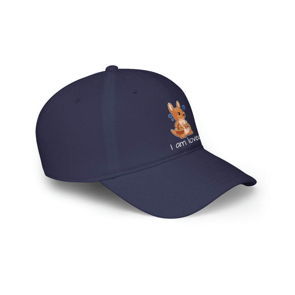 Side-view of a navy blue baseball hat with a picture of a kangaroo that says I am loved.