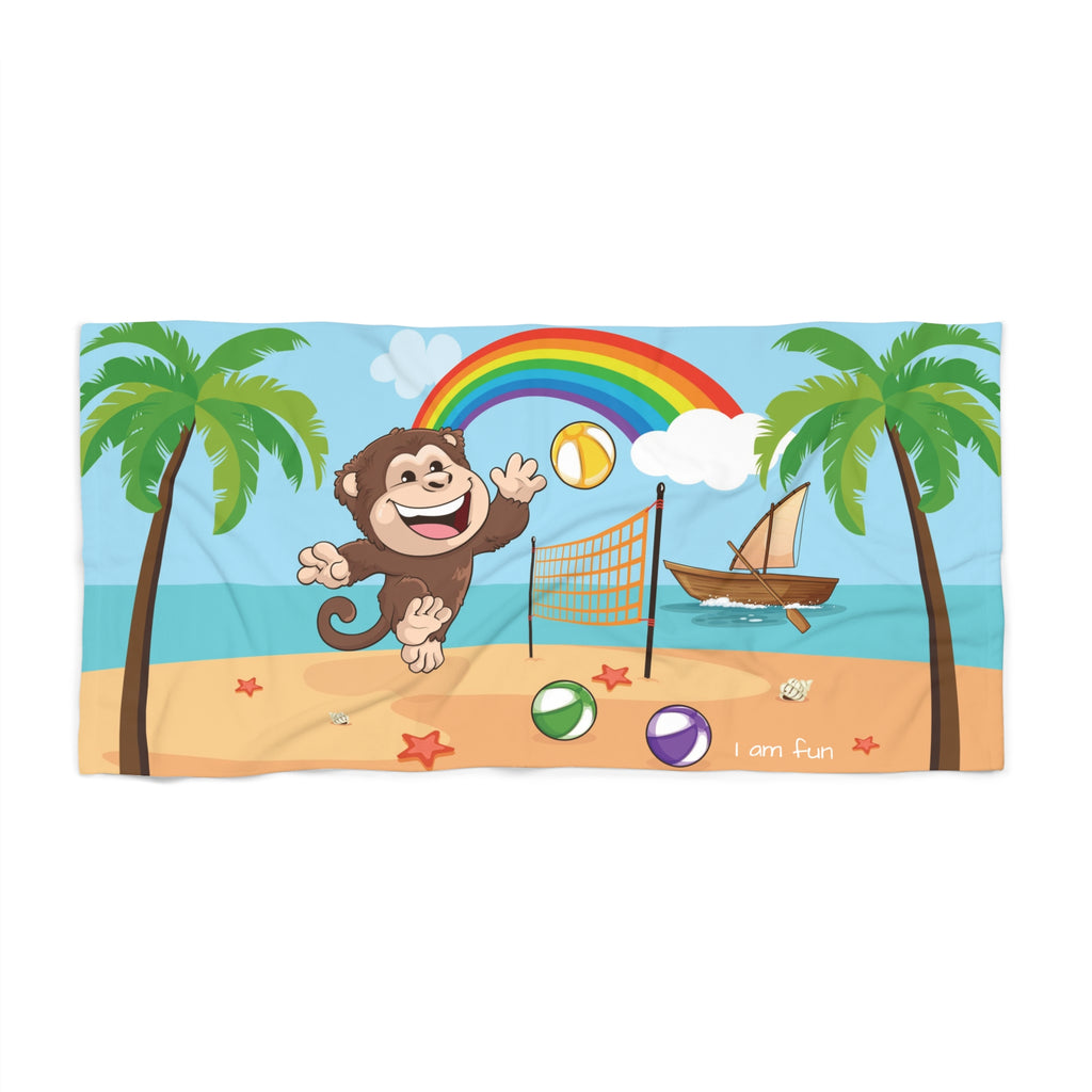 A 30 by 60 inch beach towel with a scene of a monkey playing volleyball on the beach, a rainbow in the background, and the phrase "I am fun" along the bottom.