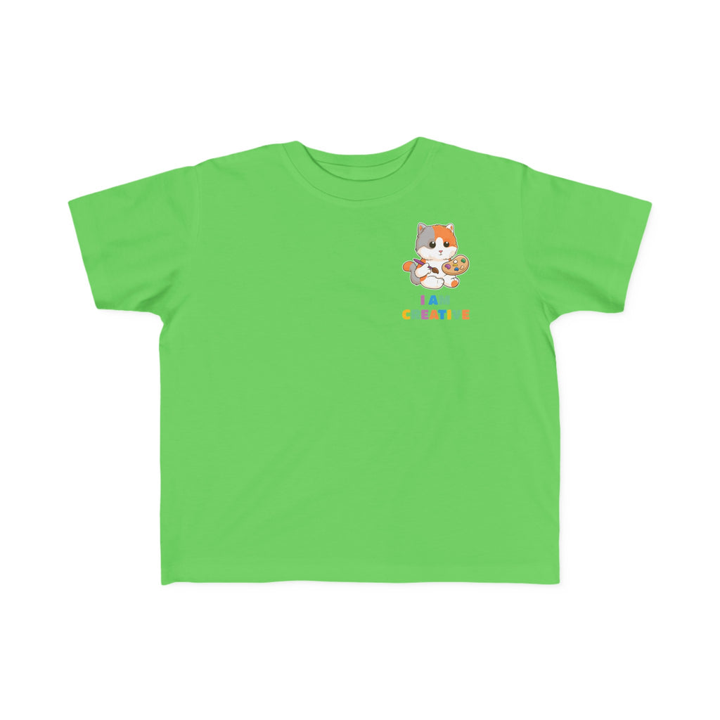 A short-sleeve green shirt with a small picture on the left chest. The image is a cat with a multi-color phrase below it that says I am creative.
