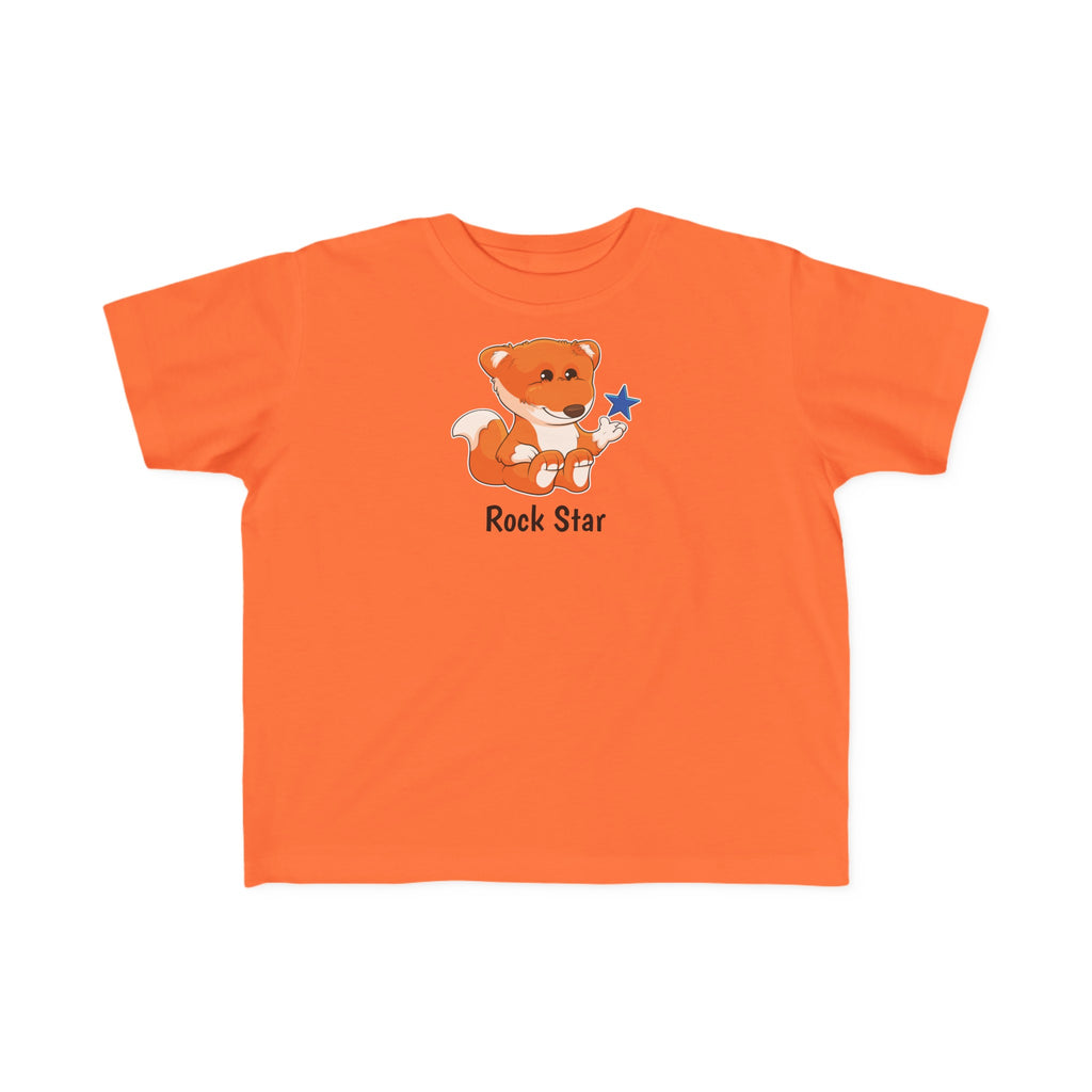 A short-sleeve orange shirt with a picture of a fox that says Rock Star.