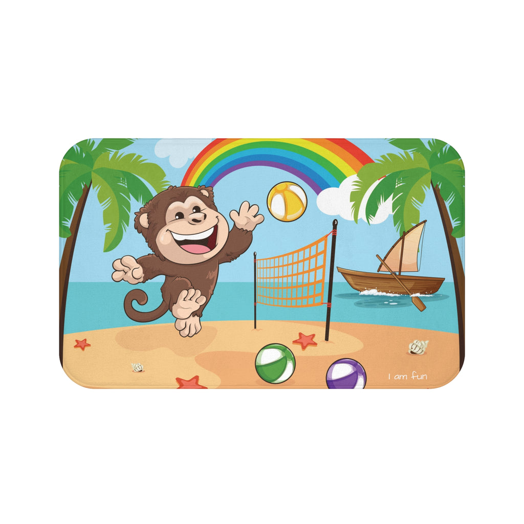 A 34 by 21 inch bath mat that has a scene of a monkey playing volleyball on a beach with a rainbow in the background and the phrase "I am fun" along the bottom.