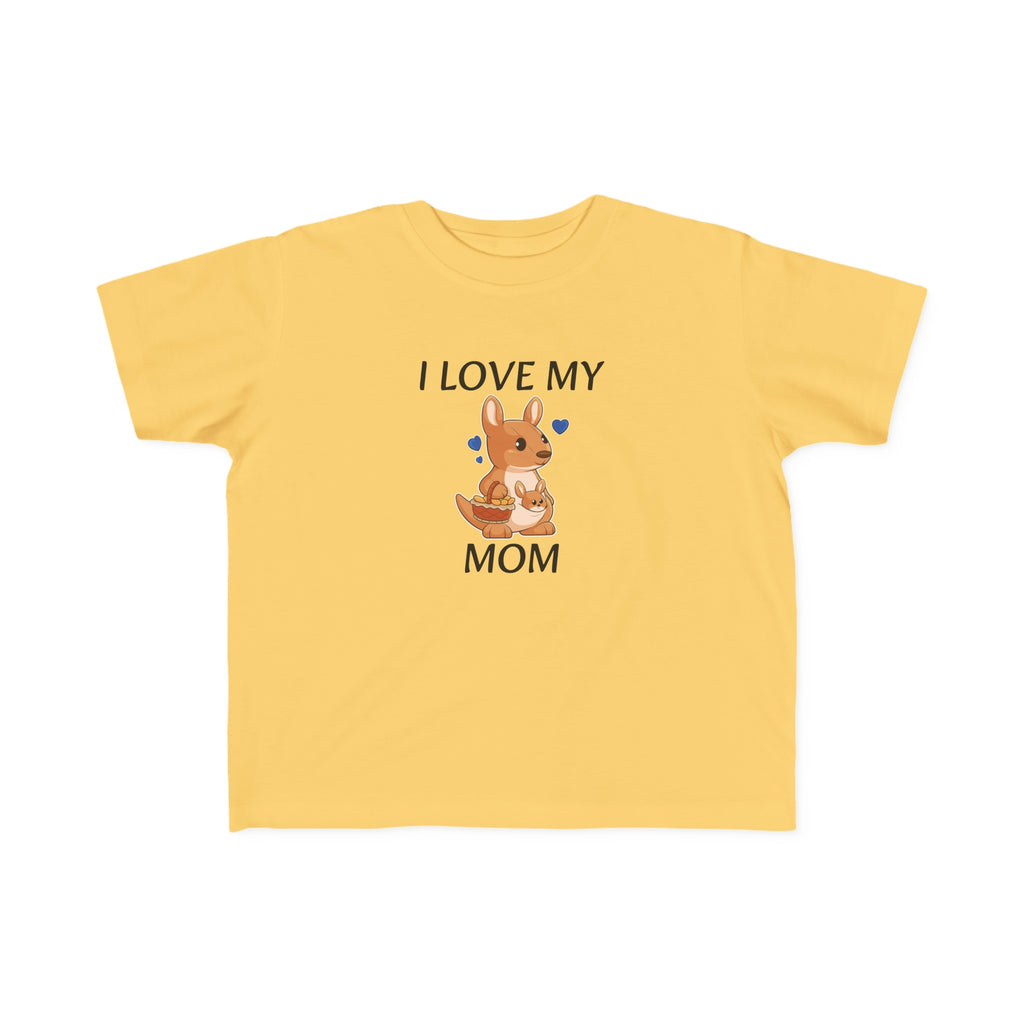 A short-sleeve yellow shirt with a picture of a kangaroo that says I Love My Mom.