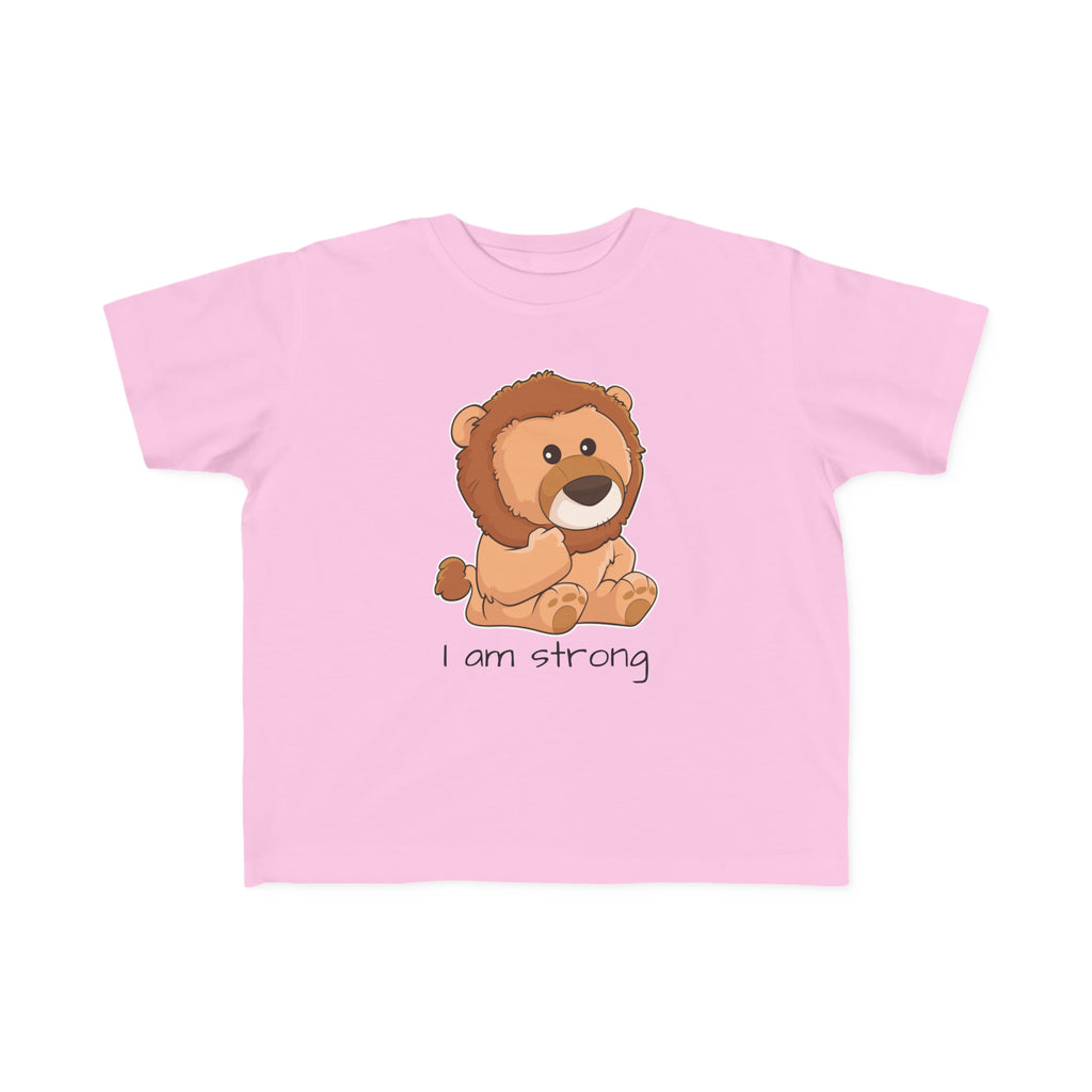 A short-sleeve light pink shirt with a picture of a lion that says I am strong.