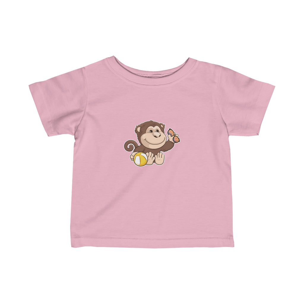 A short-sleeve light pink shirt with a picture of a monkey.