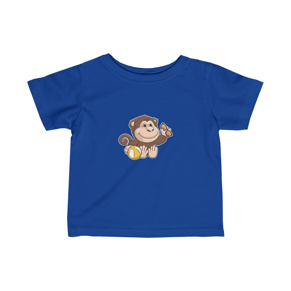 A short-sleeve royal blue shirt with a picture of a monkey.