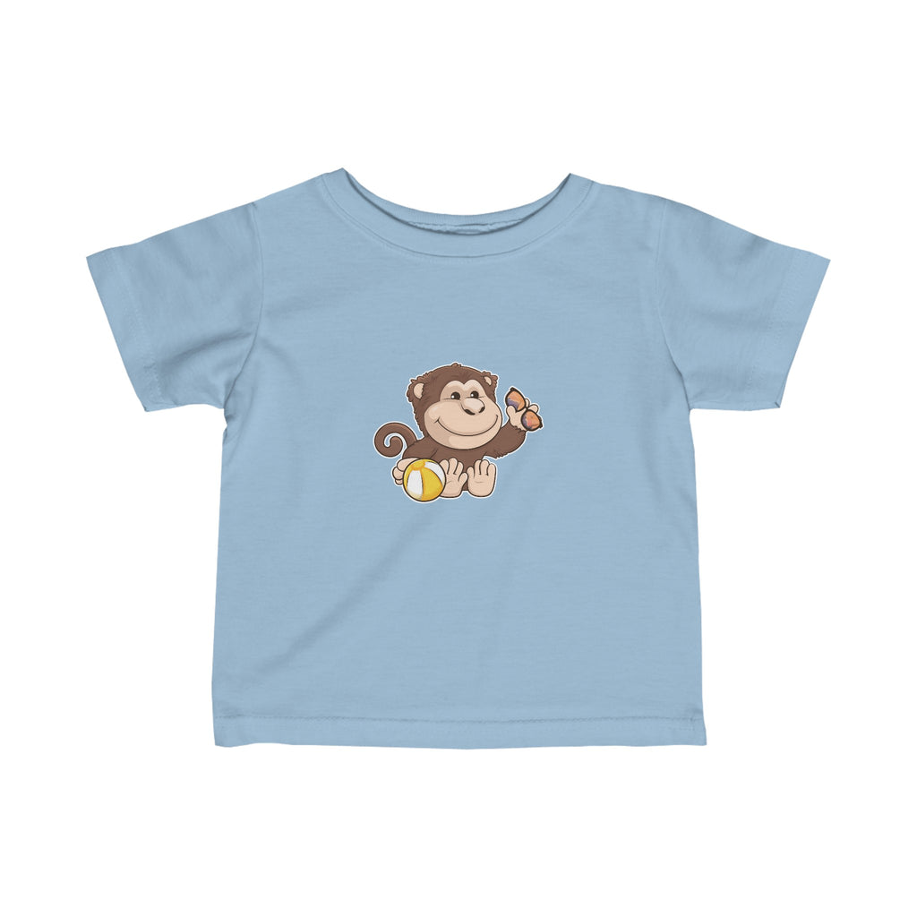 A short-sleeve light blue shirt with a picture of a monkey.