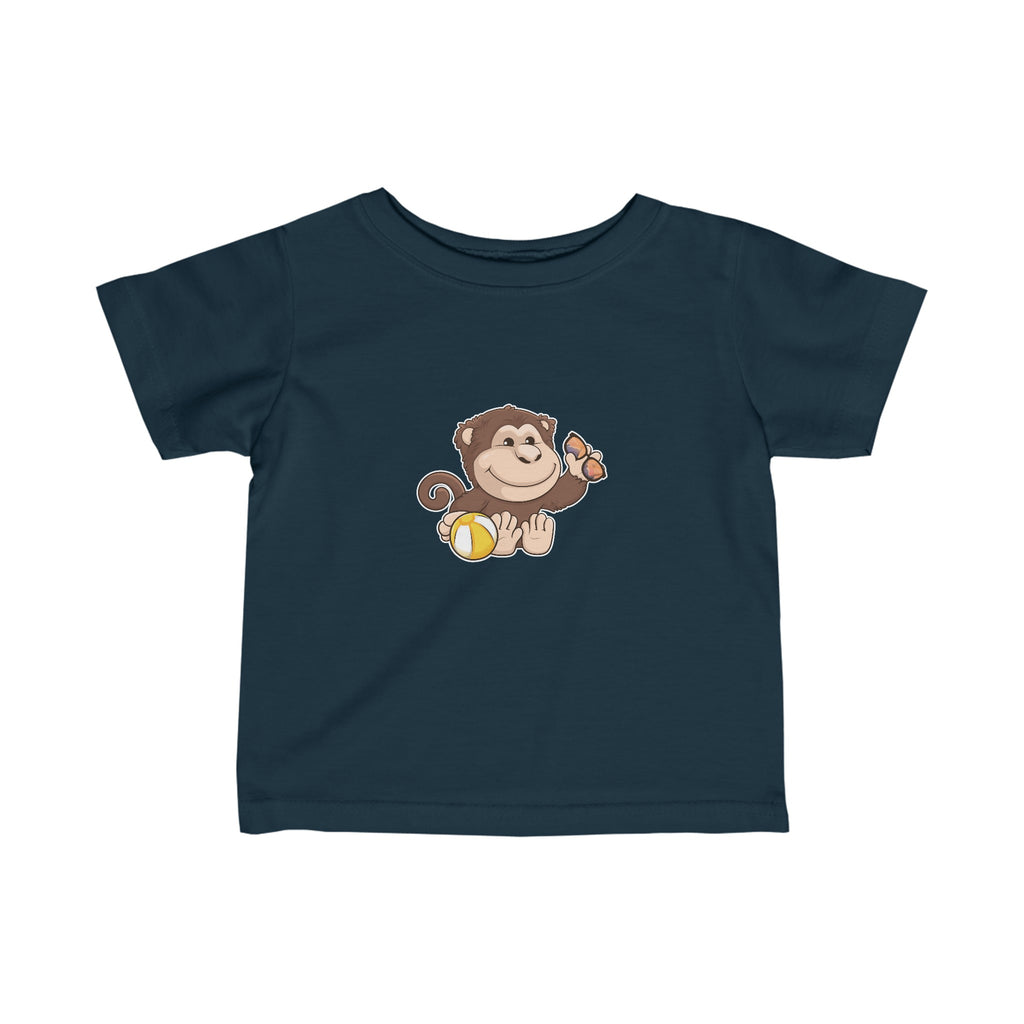 A short-sleeve navy blue shirt with a picture of a monkey.