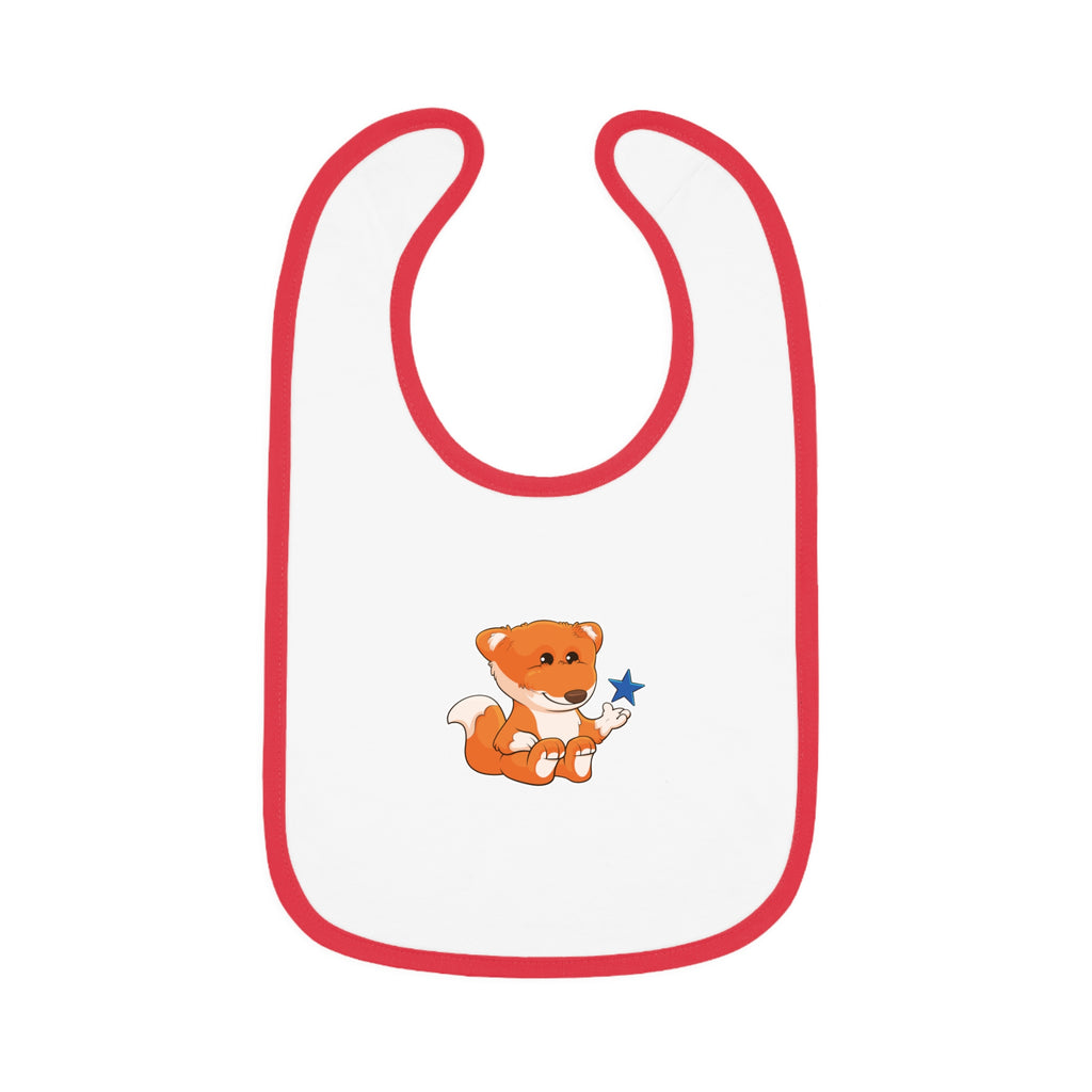 A white baby bib with red trim and a small picture of a fox.