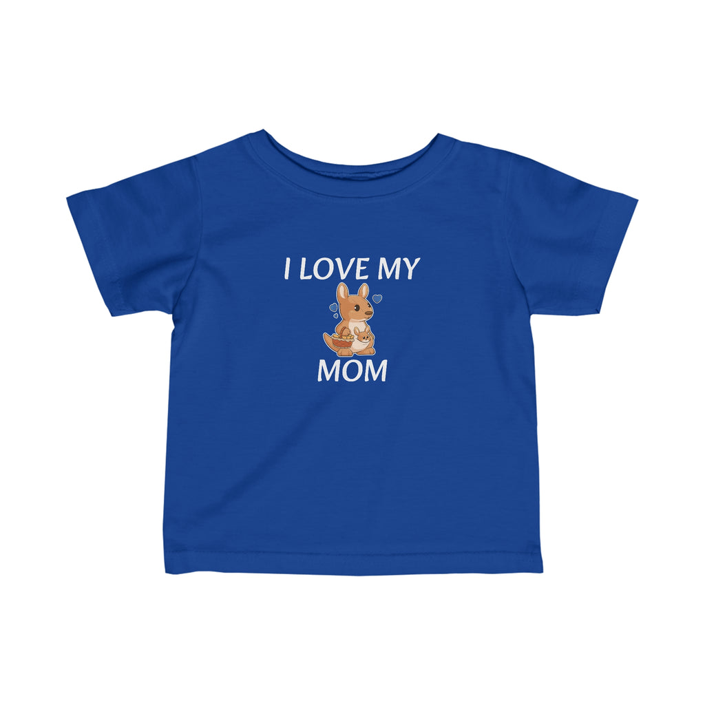 A short-sleeve royal blue shirt with a picture of a kangaroo that says I Love My Mom.