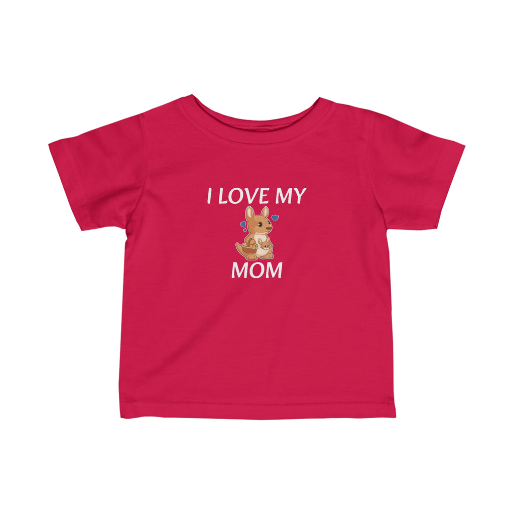 A short-sleeve red shirt with a picture of a kangaroo that says I Love My Mom.