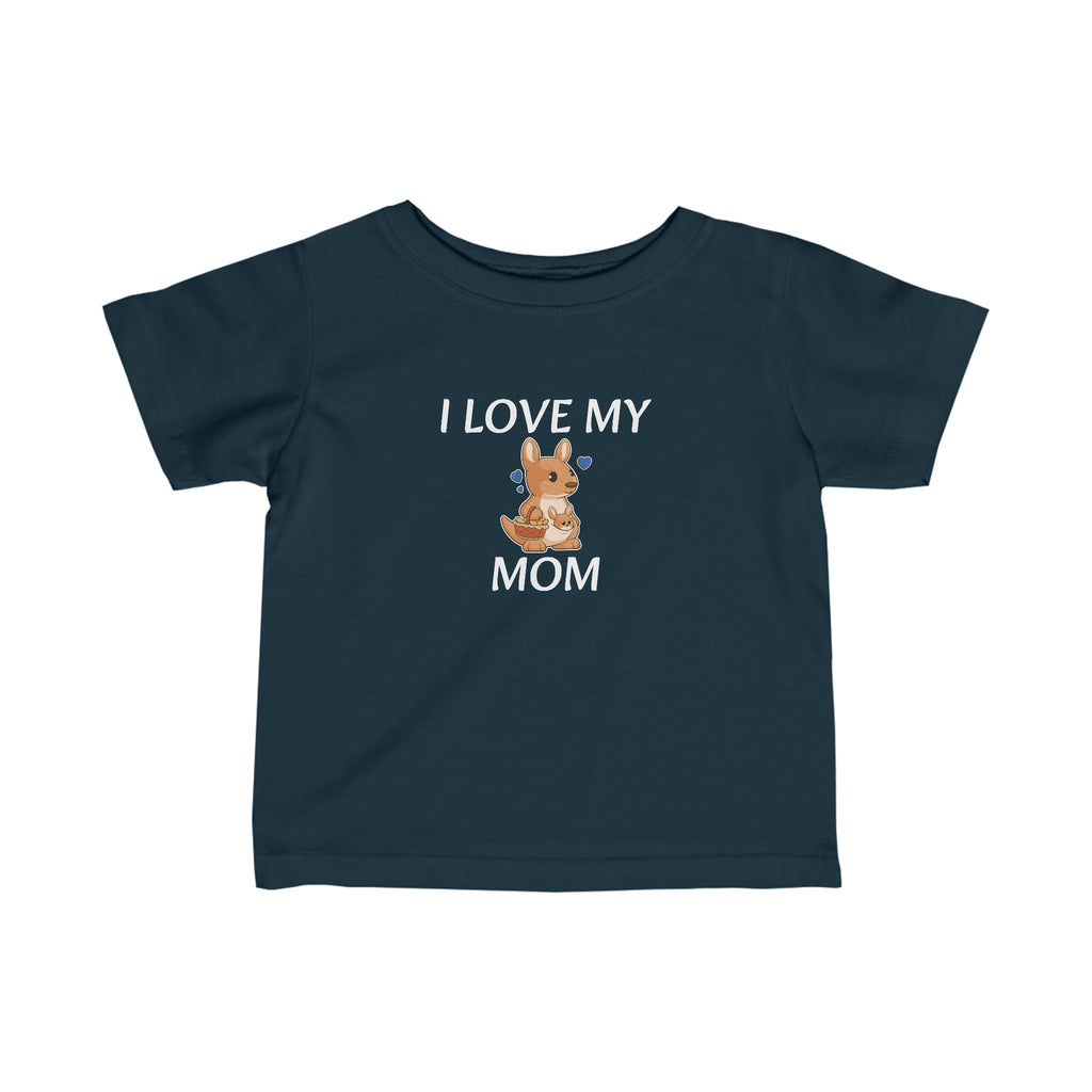 A short-sleeve navy blue shirt with a picture of a kangaroo that says I Love My Mom.
