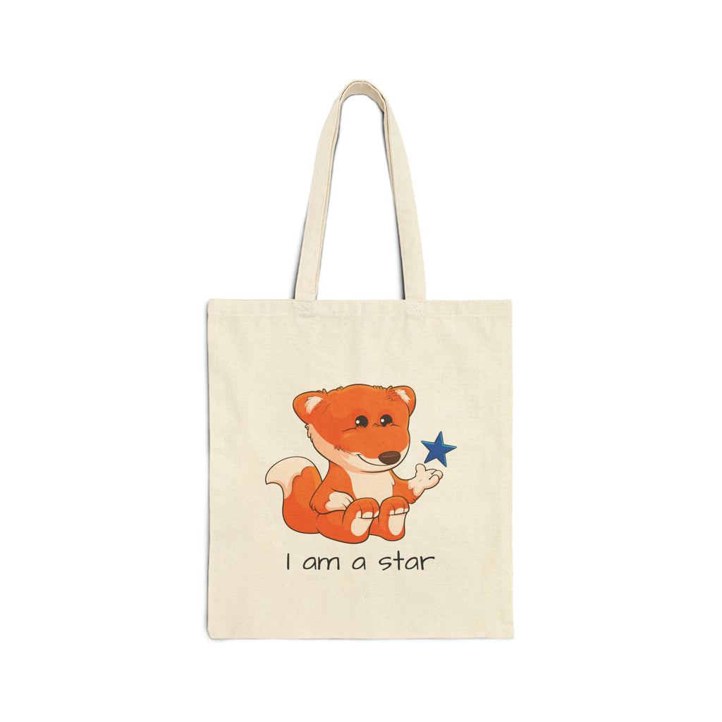 A natural tan tote bag with a picture of a fox that says I am a star.